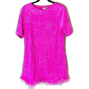 Fashion Nova Hot Pink Velour Sequin Feather Mini Dress Size XL